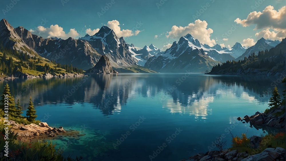 Naklejka premium mountain lake with crystal clear water reflecting