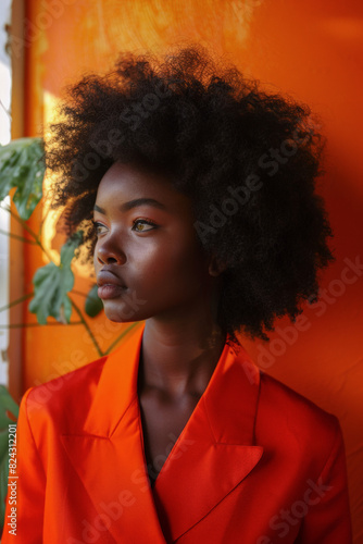 Elegant Portrait of a Woman with Afro Hairstyle in Vibrant Orange Suit