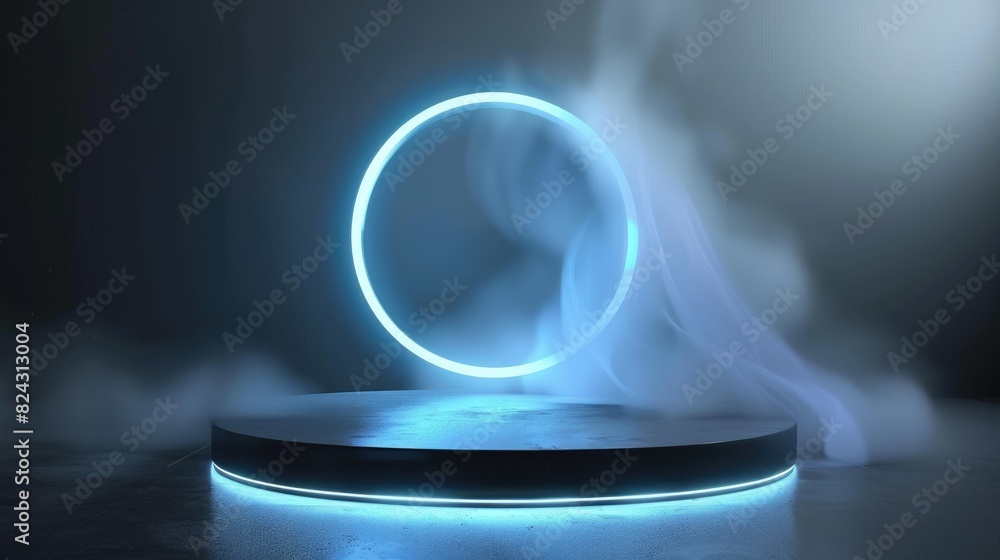 Blue and black podium with smoke and circle neon light for product presentation. Futuristic pedestal. AIG535
