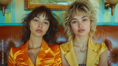 Portrait of Two Women in Vibrant Satin Outfits on a Retro Sofa
