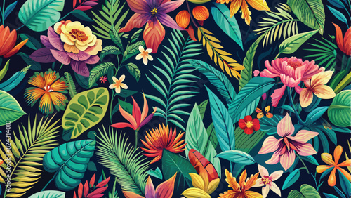 Seamless pattern of vibrant tropical leaves and exotic flowers, evoking the lushness of a tropical rainforest.