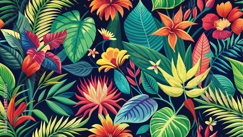 Seamless pattern of vibrant tropical leaves and exotic flowers, evoking the lushness of a tropical rainforest.