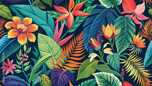 Seamless pattern of vibrant tropical leaves and exotic flowers, evoking the lushness of a tropical rainforest.