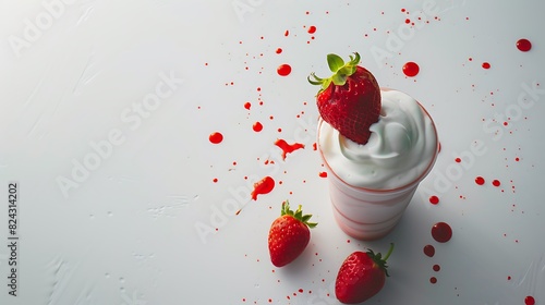 A minimalist yet captivating scene capturing the essence of a strawberry smoothie, set against a clean white canvas