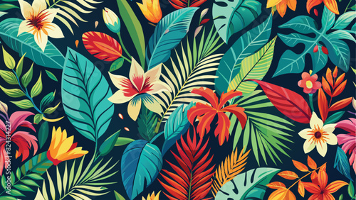 Seamless pattern of vibrant tropical leaves and exotic flowers, evoking the lushness of a tropical rainforest.