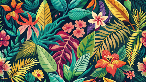 Seamless pattern of vibrant tropical leaves and exotic flowers, evoking the lushness of a tropical rainforest.