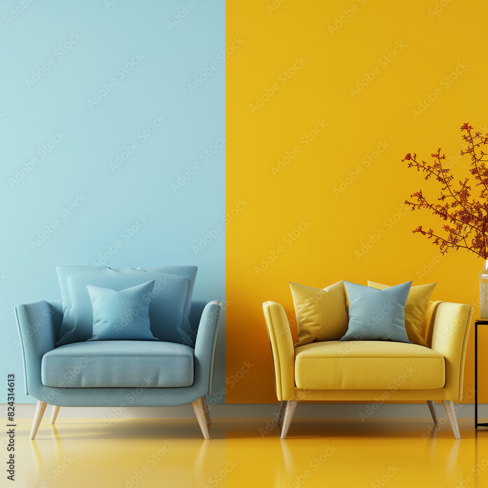 Home interior with blue armchair and sofa on empty yellow wall background,Minimal room- 3D rendering Home interior with blue armchair and sofa on empty yellow wall background,Minimal room- 3D rendering
