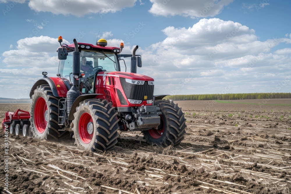 Modern tractor working on a vast agricultural field Modern tractor working on a vast agricultural field