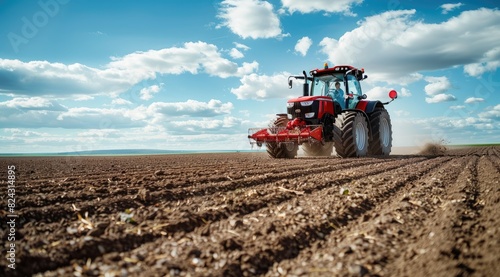 Modern tractor working on a vast agricultural field © kardaska