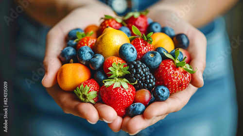 Fototapeta Naklejka Na Ścianę i Meble -  hand holds various fruits