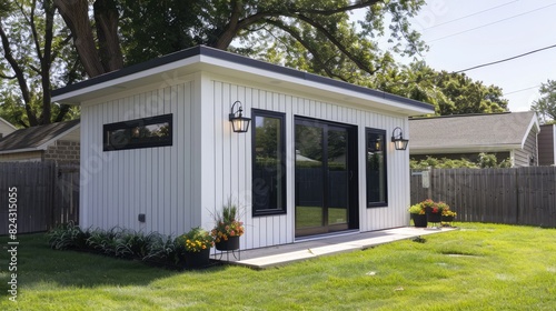 A contemporary white backyard shed with a flat roof, large doors, and surrounded by greenery photo