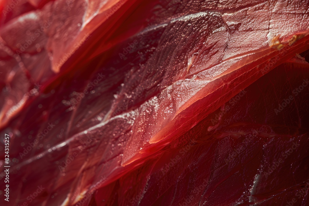Close-up texture of fresh red tuna meat, highlighting its freshness and quality.