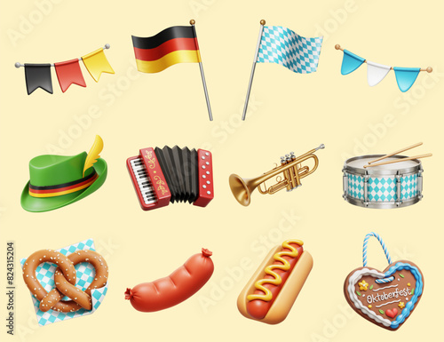 3D Oktoberfest beer festival food and elements isolated on beige background.