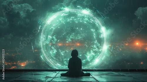 A digital illustration of a person under a health dome. image