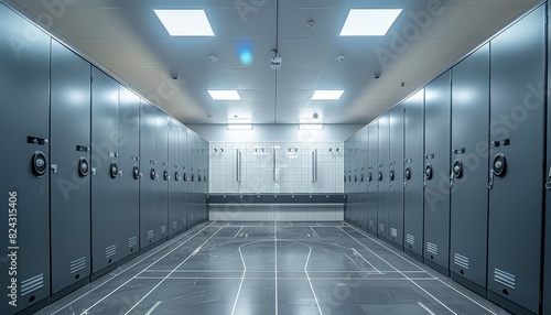 A sterile, industrial hallway with rows of metal cabinets and a tiled floor. The room is brightly lit with fluorescent lights. photo