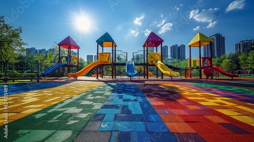 A vibrant playground with colorful play structures and a rainbow-colored rubber surface, under a bright blue sky. © ishootgood