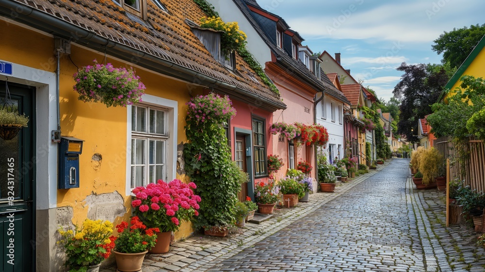 A quaint cobblestone street lined with colorful, old-fashioned houses and overflowing flower baskets. 