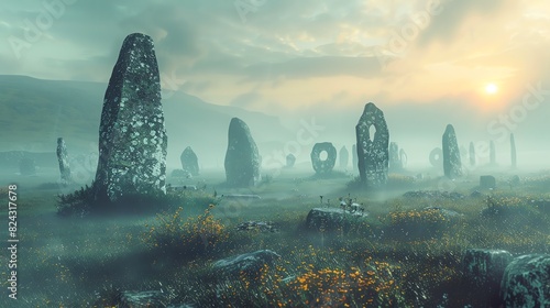 Ancient stone circles on a misty moor photo
