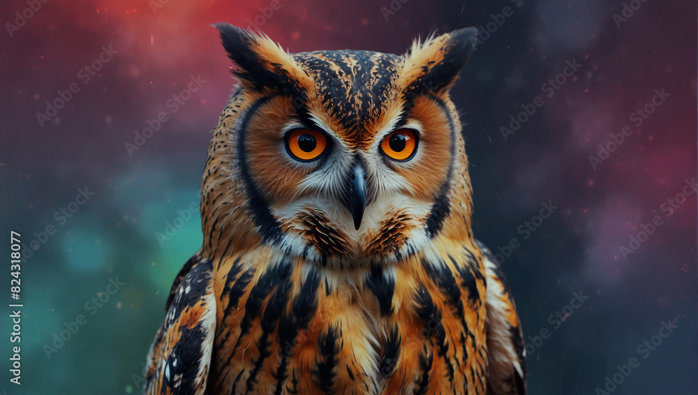 close-up of an owl with big, round, orange eyes close-up of an owl with big, round, orange eyes