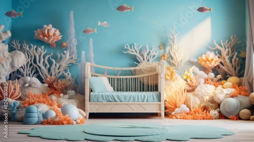 Underwater Themed Kids Room with Coral Reef and Fish Digital Backdrop