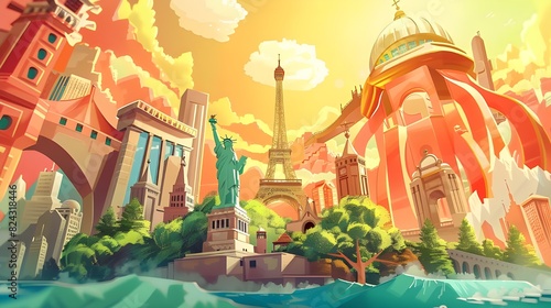 Travel the world concept landscape highlighting famous monuments with artistic modern and colorful style. Eiffel Tower, Big Ben, Great Wall at background, artistic and colorful landscape.