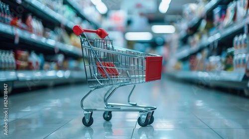 Shopping cart in the supermarket aisle.