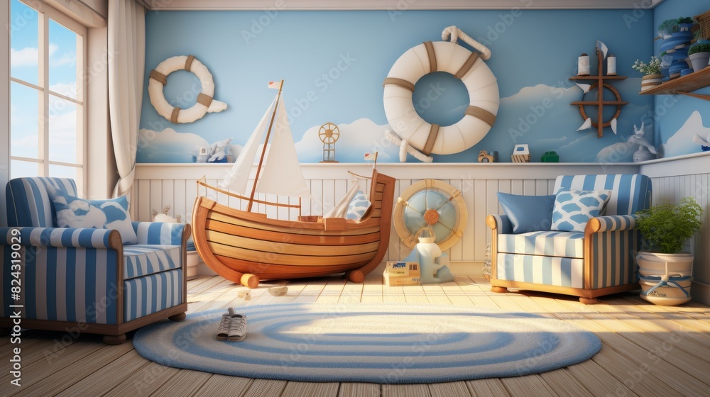 Obraz premium Digital Background for Photography for Kids of Nautical Themed Kids Room with Boat Bed and Blue Striped Chairs