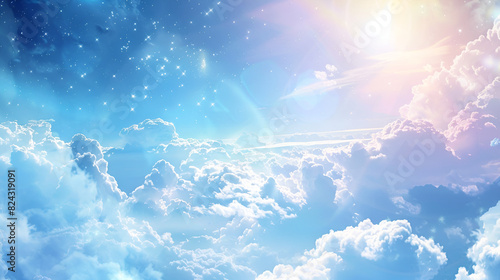 Shining sky with clouds heaven concept with suny view with pinkish and bluey background photo