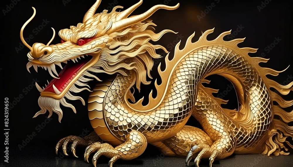 Obraz premium A golden dragon isolated on a black background