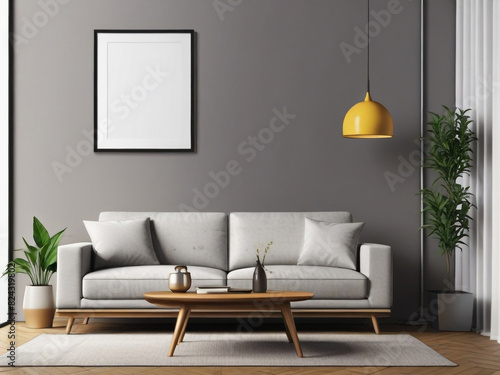 Mockup poster frame on the wall of living room. Luxurious apartment background.