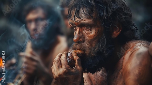 Show a group of early humans using fire for the first time to cook meat, transforming their diet and way of life, Close up
