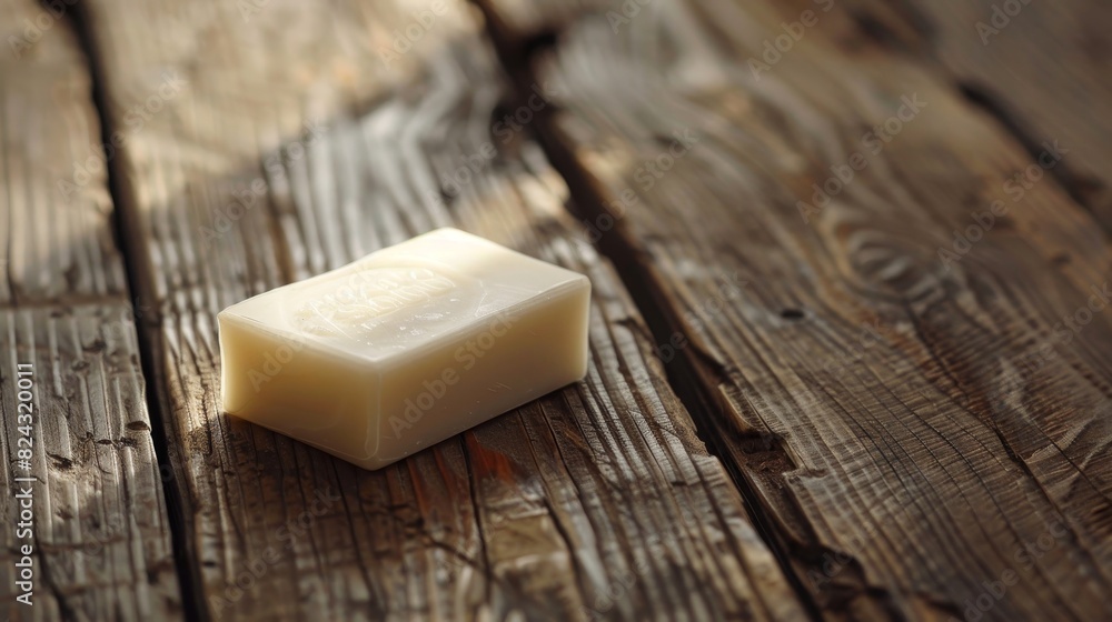Minimalist scene of a soap bar on a wooden surface, focusing on hygiene and cleanliness, studio lighting for detailed and appealing advertising visuals Minimalist scene of a soap bar on a wooden surface, focusing on hygiene and cleanliness, studio lighting for detailed and appealing advertising visuals
