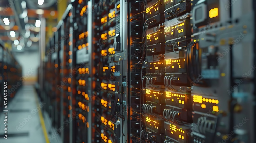 Show a hightech mining rig setup in a warehouse, with rows of computers ...