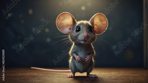 close-up photo of a gray mouse with large ears and a pink nose looking at the camera photo