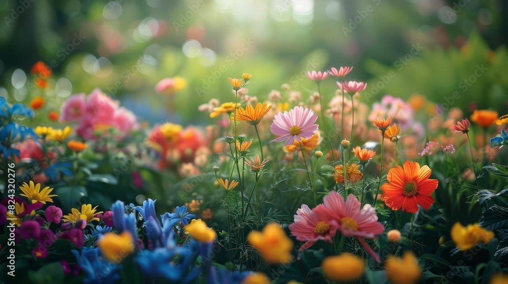 Show a lush garden in full bloom during the spring equinox, with flowers and plants awakening to equal parts of sunlight and darkness, Close up