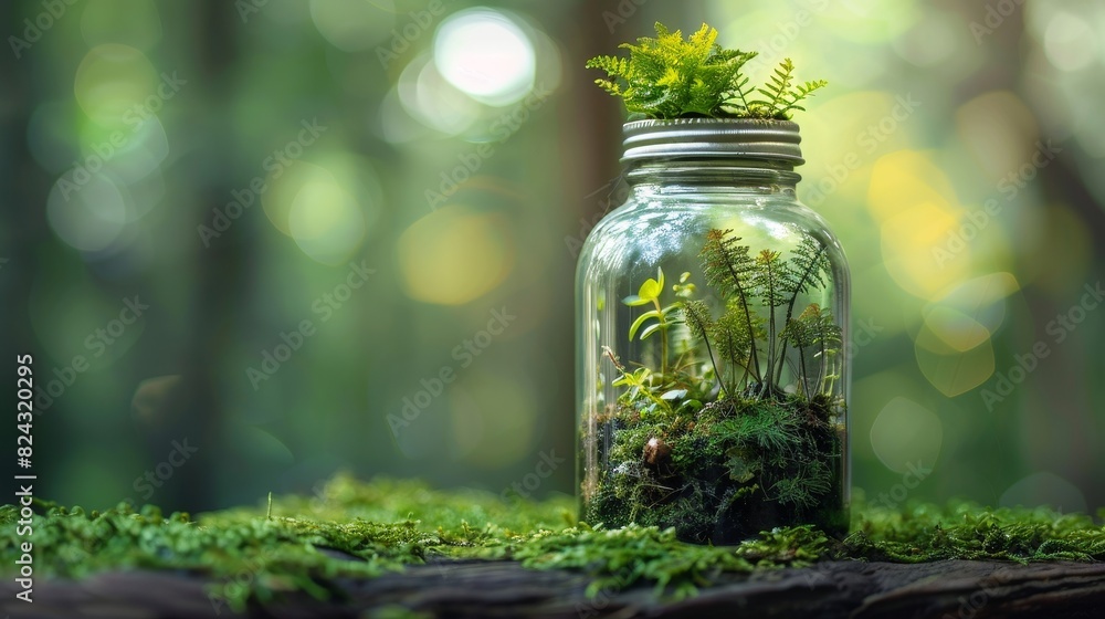 Miniature forest scene inside a glass bottle with a lid, isolated background, studio lighting showcasing vibrant greenery and delicate details