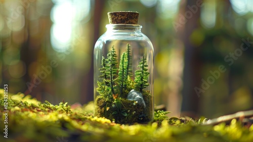 Miniature forest scene inside a glass bottle with a lid  isolated background  studio lighting showcasing vibrant greenery and delicate details