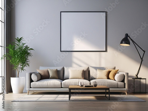 Mockup poster frame on the wall of living room. Luxurious apartment background.