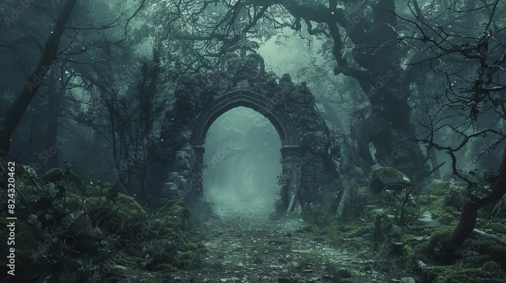 Show a mysterious Gothic archway in a dense forest, leading to a hidden path lined with gnarled trees and creeping shadows, Close up Show a mysterious Gothic archway in a dense forest, leading to a hidden path lined with gnarled trees and creeping shadows, Close up
