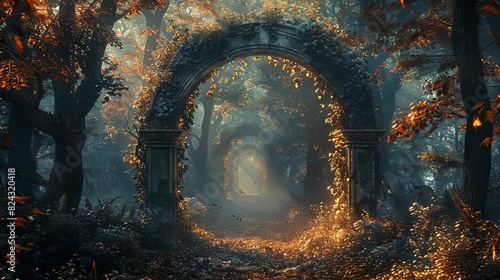 Show a mysterious Gothic archway in a dense forest  leading to a hidden path lined with gnarled trees and creeping shadows  Close up