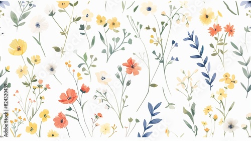 Colorful Wildflowers and Leaves on White Background