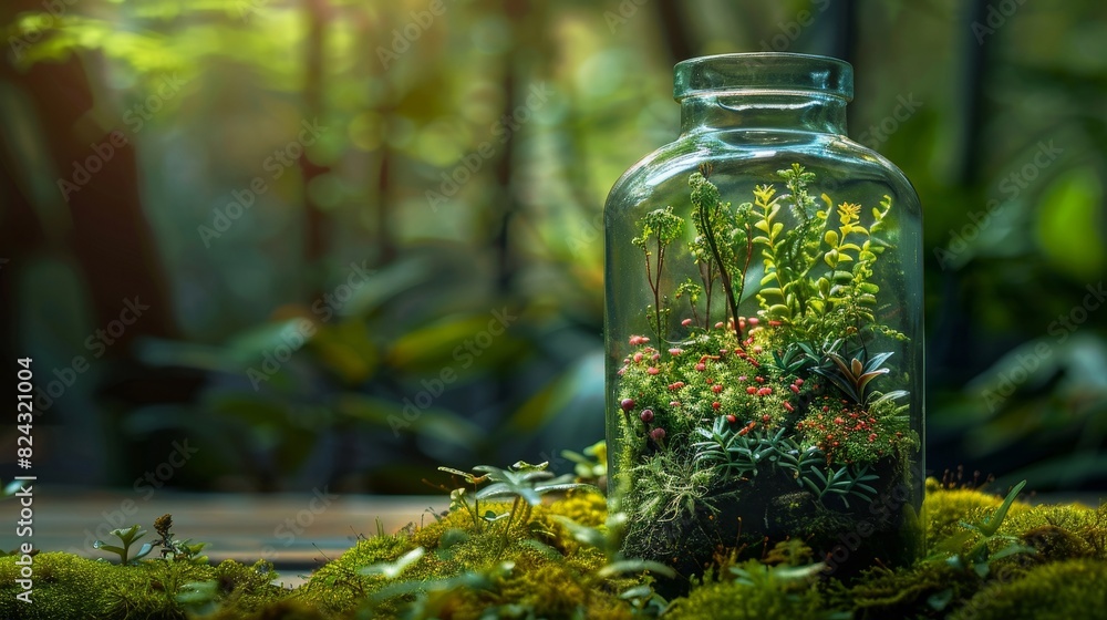 Intricate miniature forest encapsulated in a glass bottle with a lid, close-up shot, isolated background with studio lighting, highlighting fine details Intricate miniature forest encapsulated in a glass bottle with a lid, close-up shot, isolated background with studio lighting, highlighting fine details