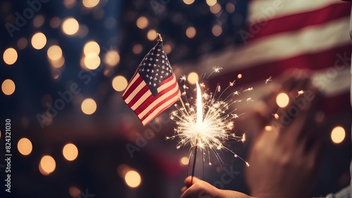 Illustration of flag usa on fireworks background in clouds for Independence Day. Symbol of America, Celebration With Sparklers And Defocused American Flag. photo