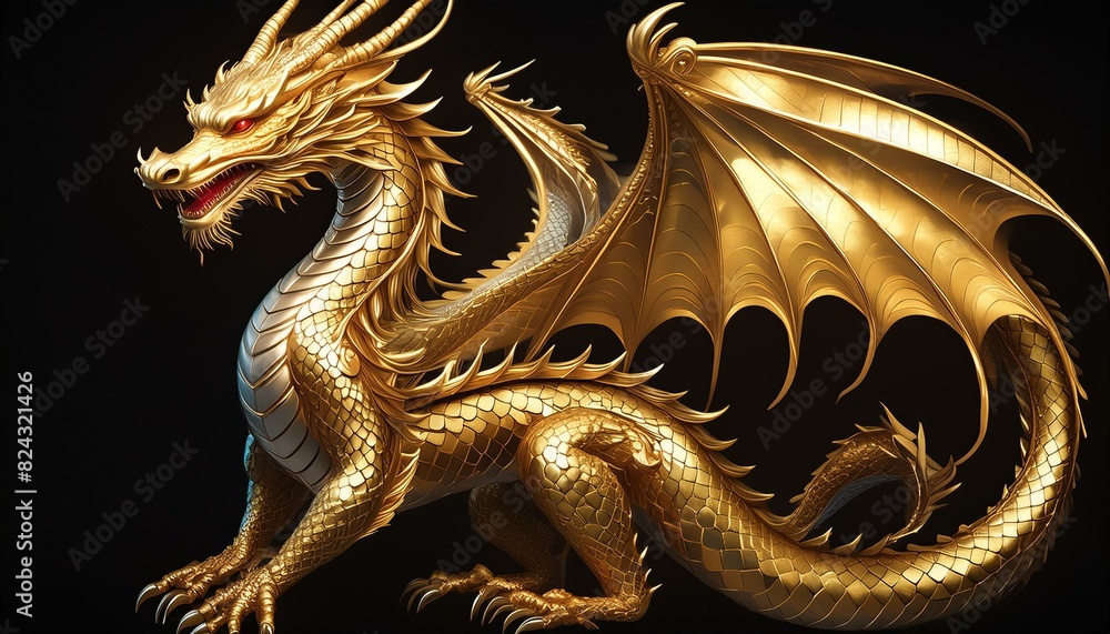Fototapeta premium A golden dragon with a full body, isolated on a black background