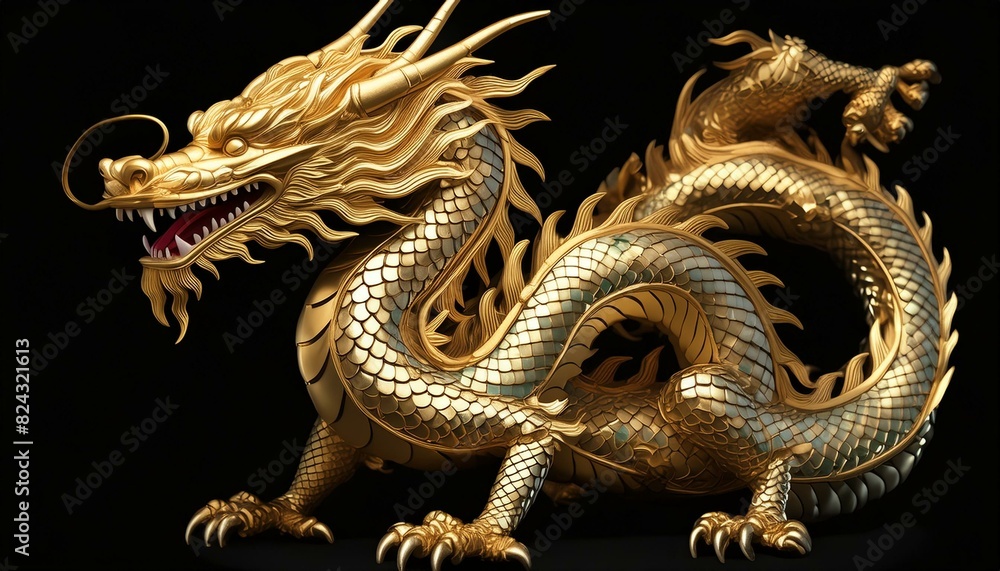 Fototapeta premium Chinese dragon statue isolated on a black background.