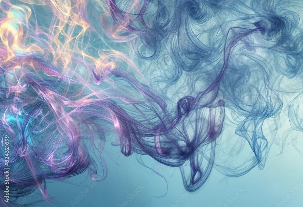Abstract Ethereal Swirling Smoke and Light Patterns in Soft Pastel Colors on a Gradient Blue Background