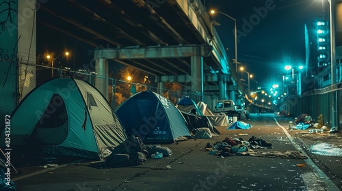 Homeless encampment with tents lining the roadside, people sleeping within, a raw portrayal of urban hardship and resilience