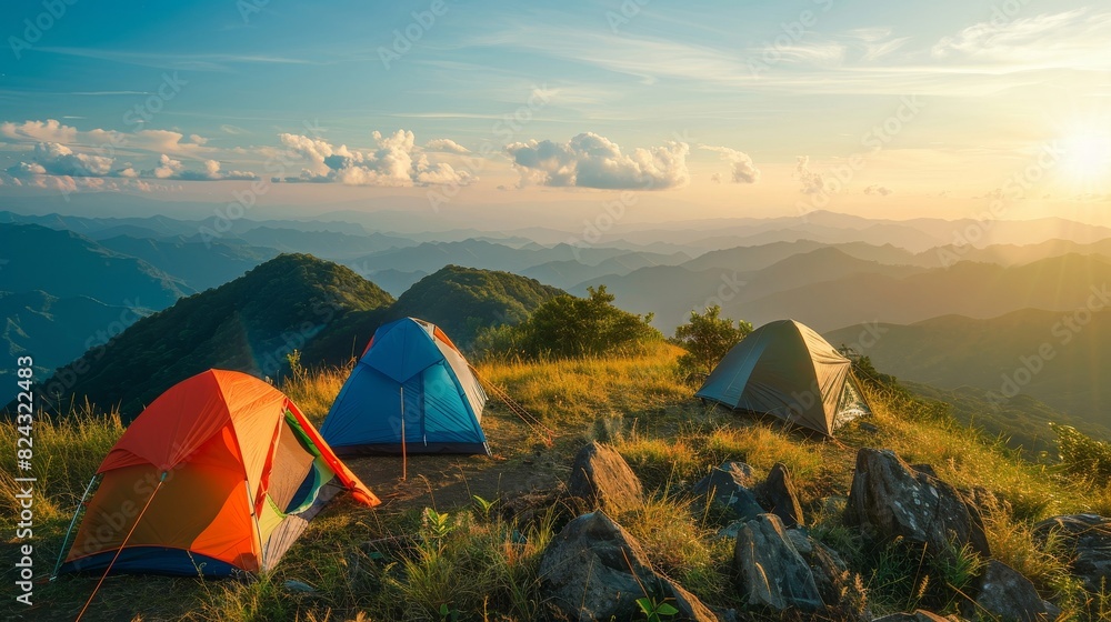 Group of tents on a mountainside, perfect for travel and camping themes, isolated with natural scenery, bright daylight and clear sky, capturing adventure