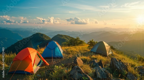 Group of tents on a mountainside, perfect for travel and camping themes, isolated with natural scenery, bright daylight and clear sky, capturing adventure