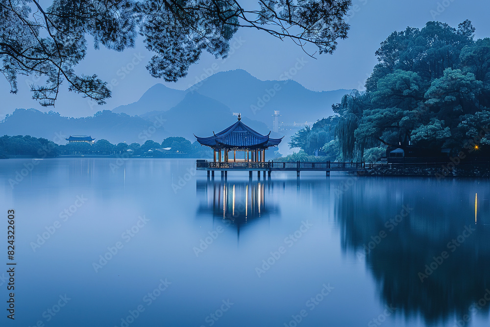 Fototapeta premium The pavilion in the center of the lake and the mountains in the distance